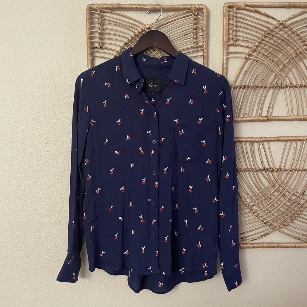 Rails Kate Navy Blue Cherries Shirt Button Up Rayon Cherry Novelty Print XS B34 - Picture 4 of 14